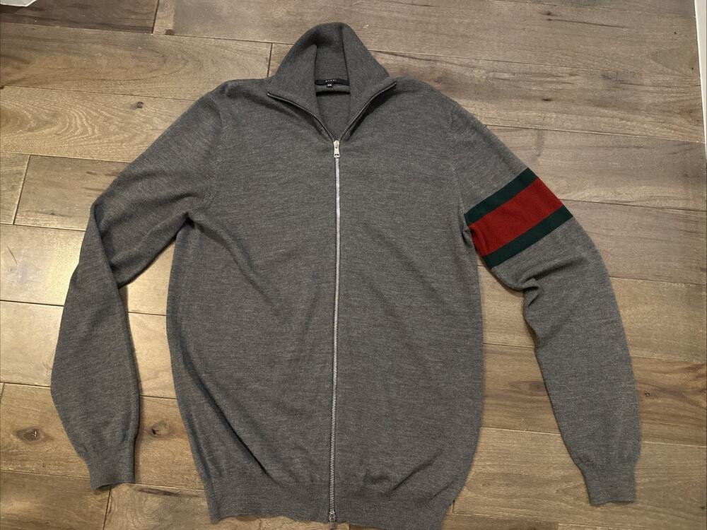 AUTHENTIC GUCCI WEB DESIGN FULL ZIP VIRGIN WOOL CARDIGAN GRAY (fits SZ M)